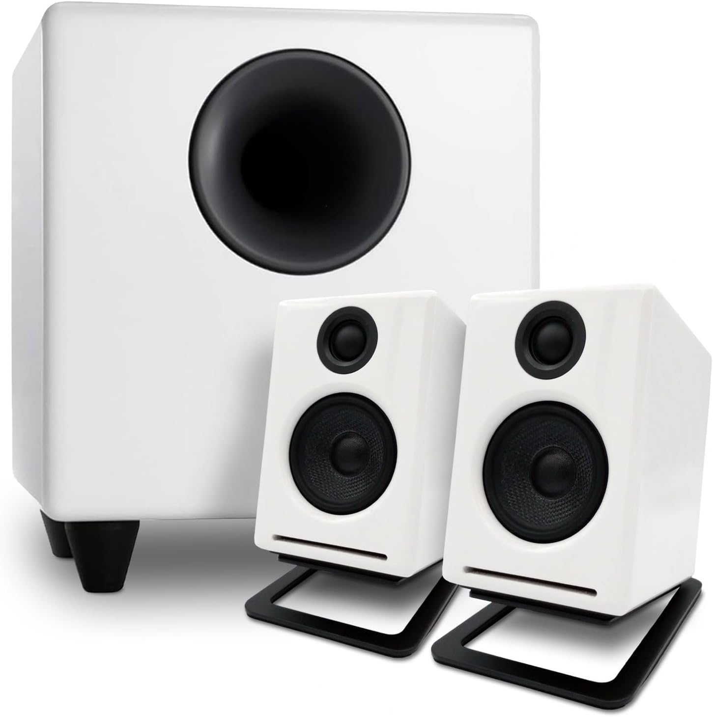 Audioengine A2 White Computer Speakers with S8 White Subwoofer and DS1M Metal Stands