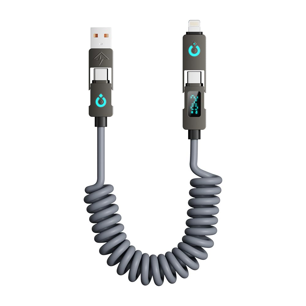 4-in-1 USB C Data Cable with LED Display, 240W Fast Charging Telescopic Spring-Type Data Cable, up to 78.7 inches in Length, Factory Wholesale Sales Available (200, Gray)