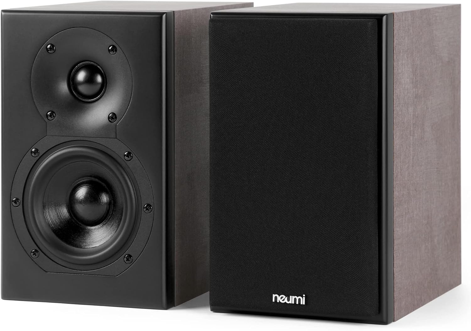 NEUMI Silk 4 Compact 2-Way Bookshelf Speakers, Stereo Pair, Home, Office, Theater Surround Sound, 4 Inch Woofer, 1 Inch Silk Dome Tweeter w/Waveguide, Rear Ported, Light Brown and Black