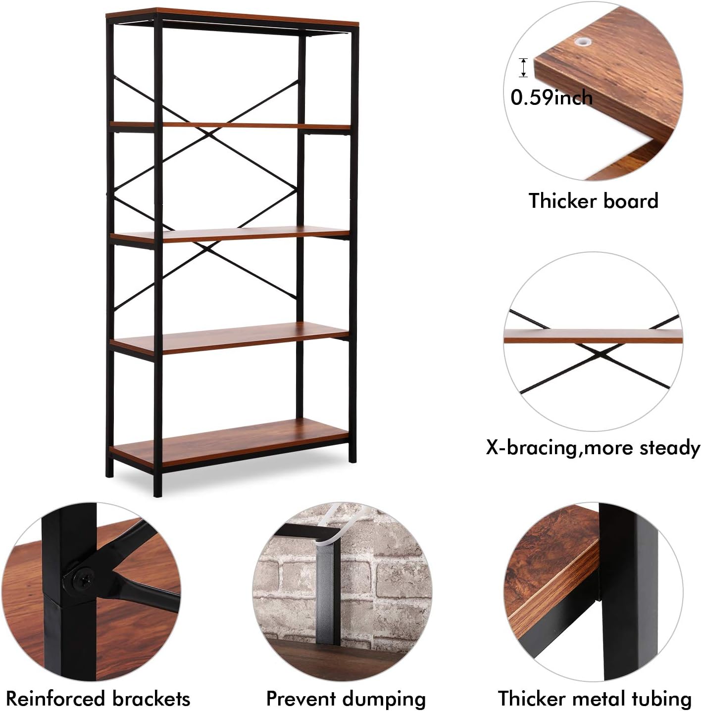 Modrine 4 Shelf Bookcase, Bookshelf Industrial Style Metal and Wood Bookshelves, Open Wide Home Office Book Shelf