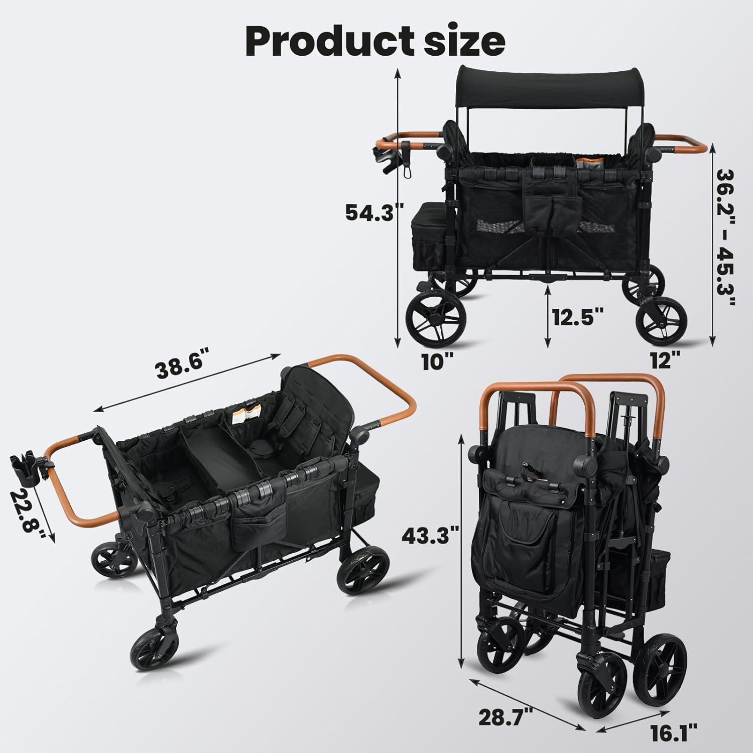 Foldable Stroller Wagon for 4 Kids & Cargo, All-Terrain Wheels, Adjustable Handle, Removable Canopy, 5-Point Harness, Compact Foldable Design