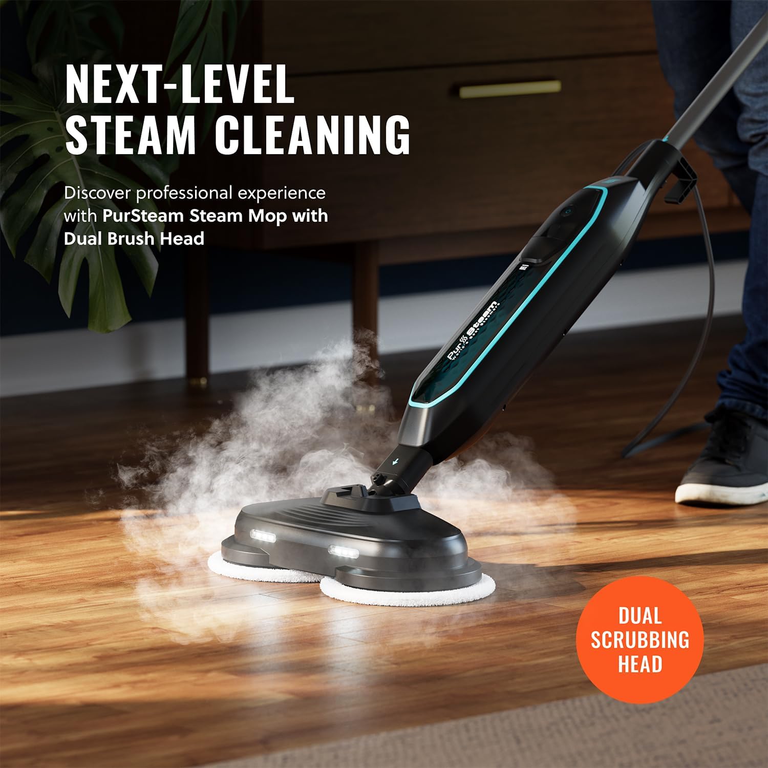 Pursteam ScrubMaster Steam Mop with Dual Scrubbing Head, LED Headlights, Adjustable Steam Control, Anti-Slip Swivel Head, Cable Holder & Upright Lock