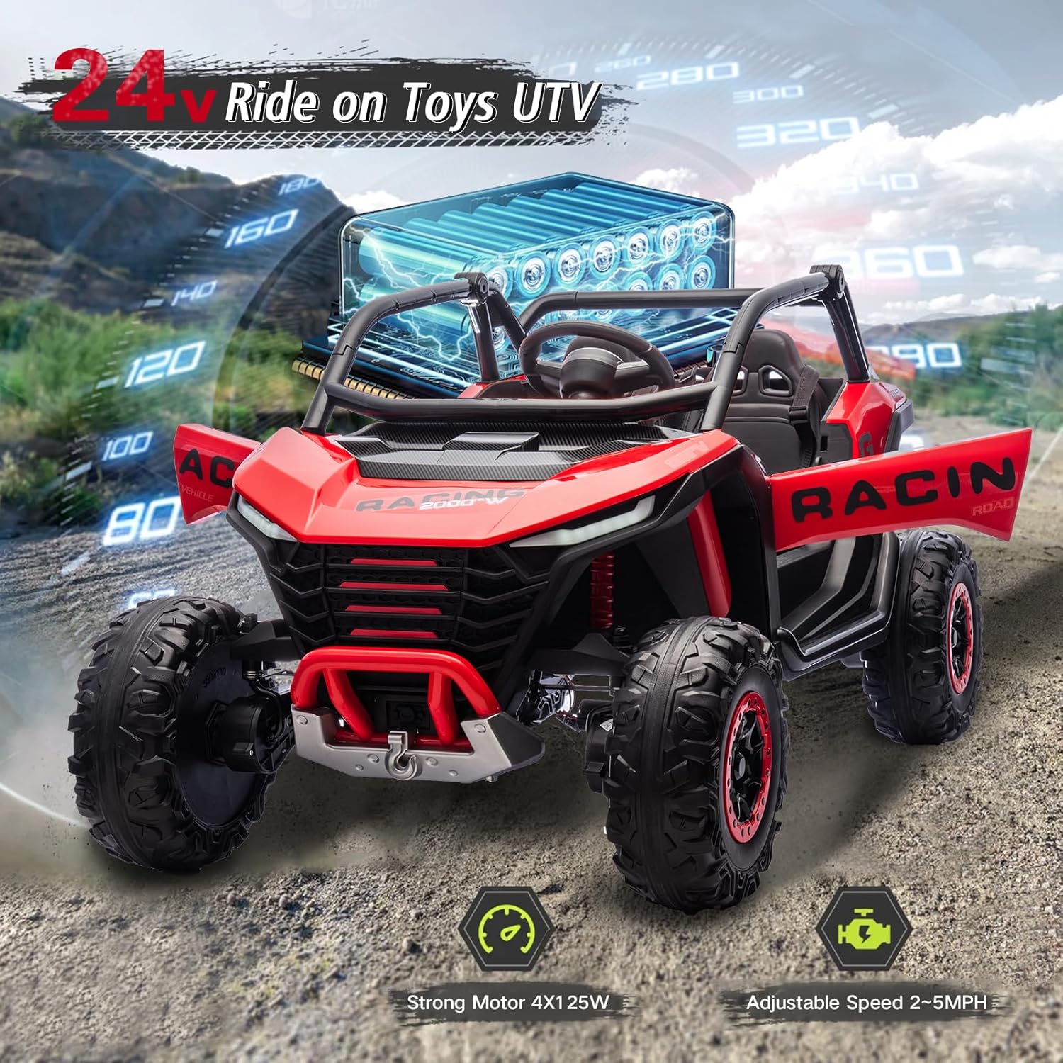 POSTACK 24V 7Ah 2 Seater Ride on Car with Remote Control for Boys Girls, Four Wheeler Side by Side UTV w/EVA Tires, 4WD/2WD, LED Lights, 4x125W Motors, Bluetooth,Red