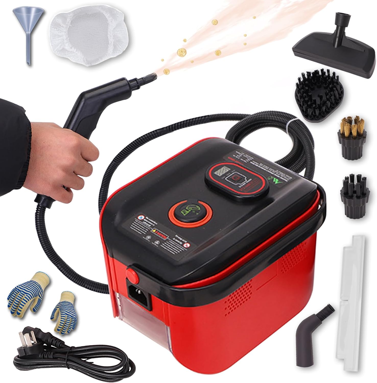 Steam Cleaner, 1500W Powerful Multipurpose Power Steamer, Heavy Duty Canister Steamer, 13s Heat-Up, 1.2L Tank, 3-Level Adjustable Handle with Accessories for Home, Car, Dirt (Red)