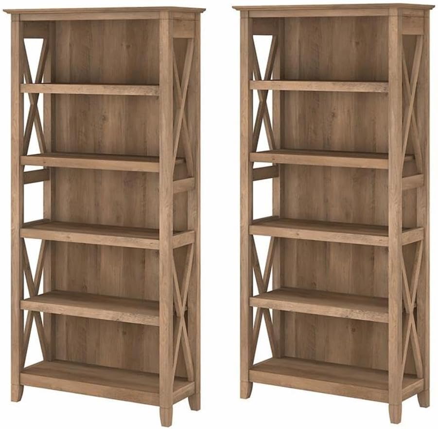 BOWERY HILL 5 Shelf Modern Wood Bookcase in Reclaimed Pine (Set of 2)