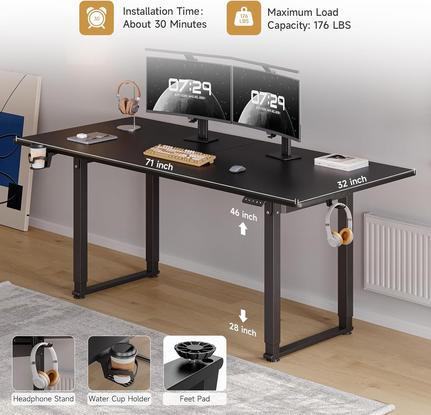 Height Adjustable Electric Standing Desk 71x32 Inches Rectangle Sit Stand Up Desk with Dual Motor and Memory Preset Home Office Computer Desk, Black
