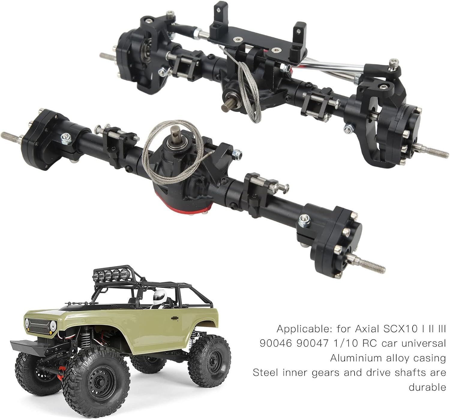 HEEPDD RC Vehicle Front Rear Axles Kit, Front Rear CNC Differential Locking Portal Axles Set for Axial SCX10 I II III 90046 90047 1/10 RC Car (Black)