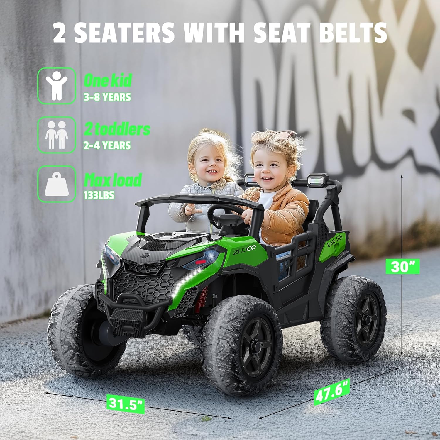 24V 2 Seater Ride on Car Truck 4x200W, EVA Tires, 4WD/2WD, Rainbow Lights, Remote Control, Shock Absorbers, Bluetooth, Ride on Toy for Big Kids Ages 3-8, Green