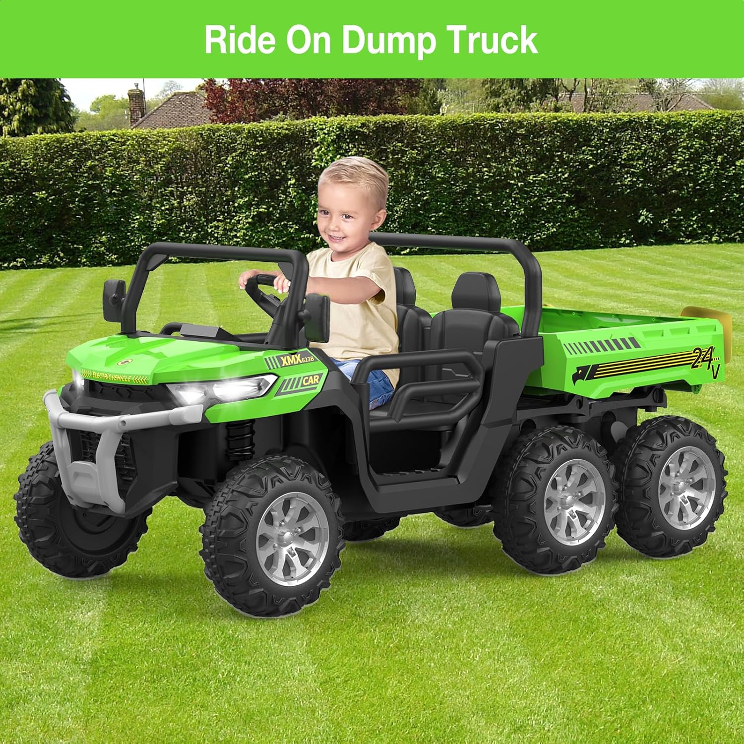 Ride On Dump Truck for Kids Ride On Car with Remote Control Electric UTV Vehicles with Electric Dump Bed, 4WD Power Ride-on 6 Wheels Ride On Toys for Boys Girls (Green)