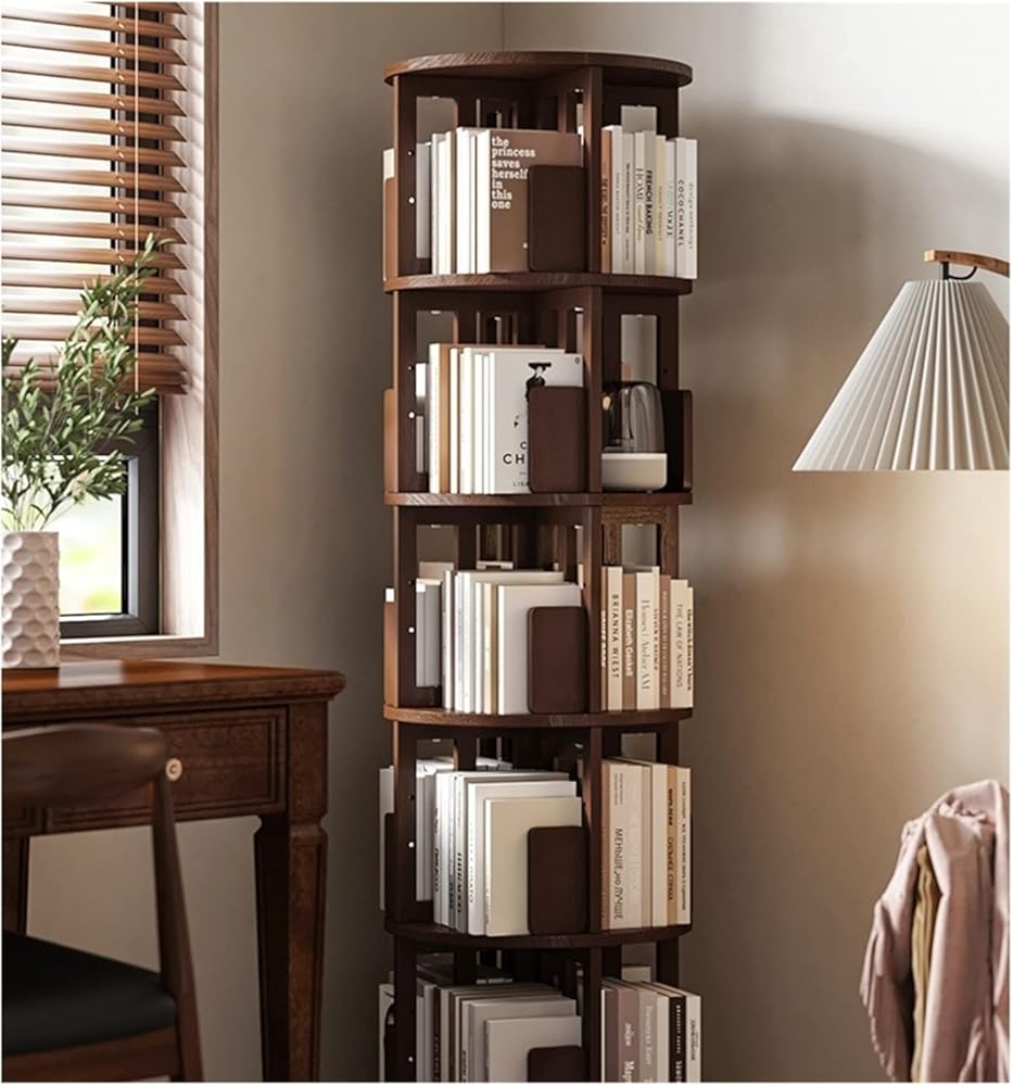 Solid Wood Rotating Bookshelf, 360-degrees Simple Storage Picture Book Shelf, Floor Household Simple Bookcase MINGPING (Size : 45.5x45.5x161.5cm Walnut Color)