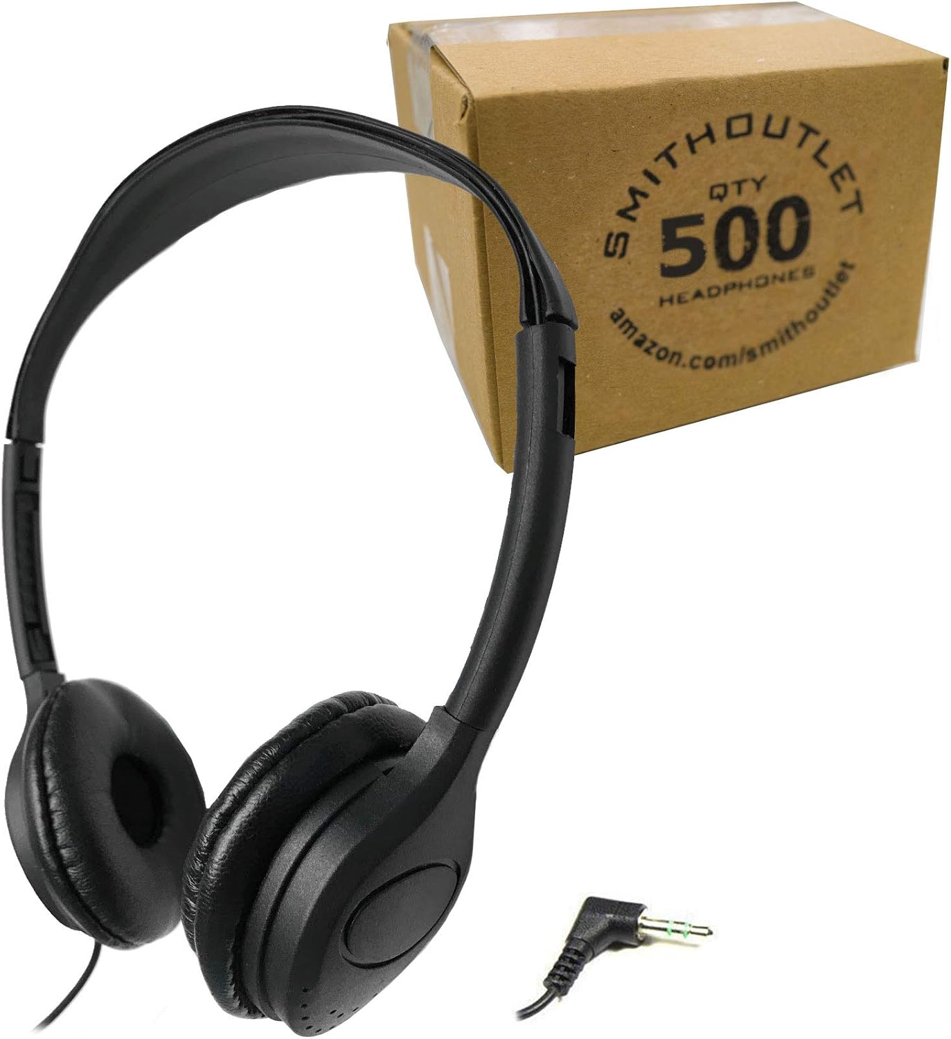 SmithOutlet 500 Pack Low Cost Headphones in Bulk | Model SG-313-500 | Wired 3.5 MM Jack Connectivity | Black Leatherette Cushions | for Schools, Classrooms, Students, Libraries