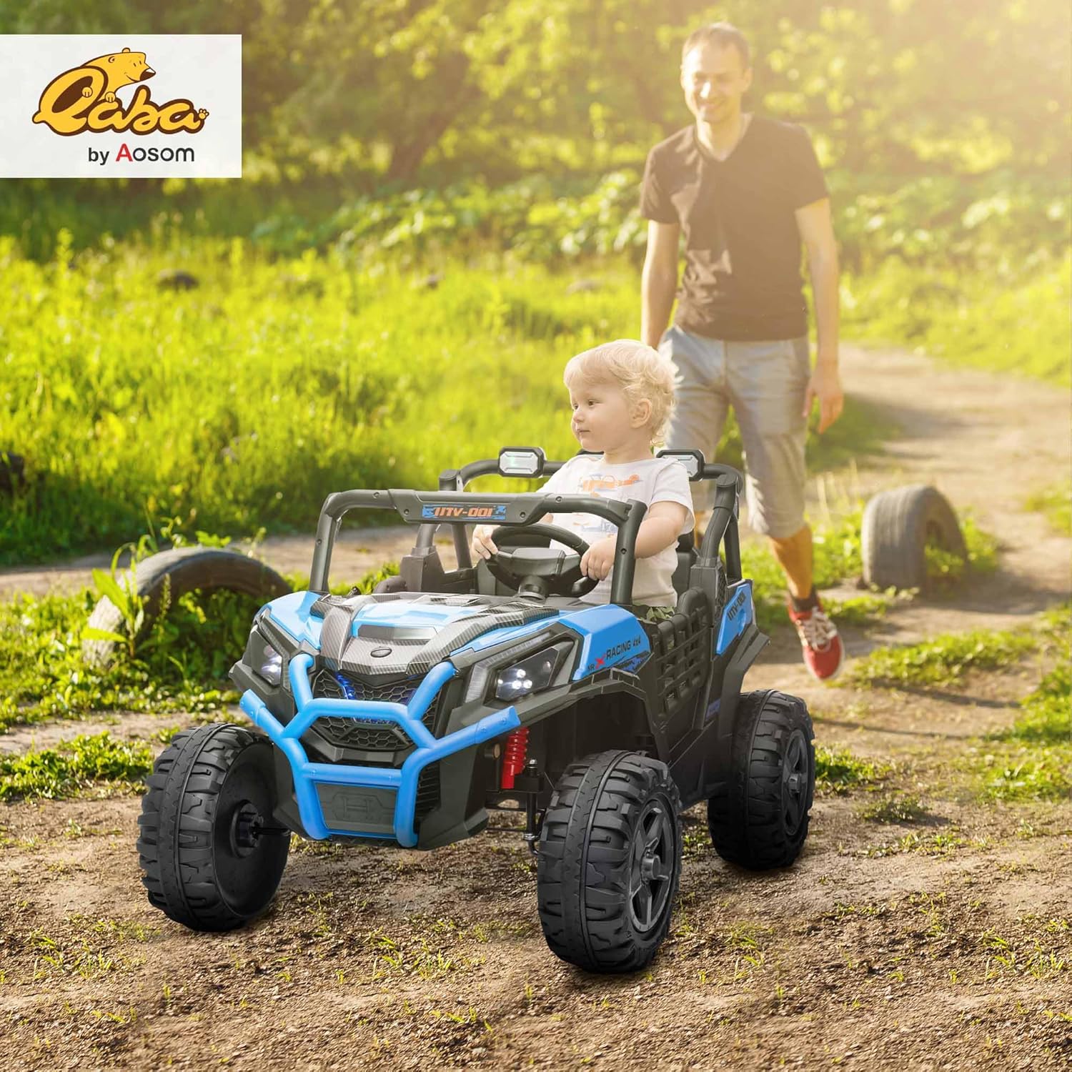 Qaba 24V 2 Seater Ride on Car, Electric Off-Road UTV Truck w/Parent Remote Control, Music, Lights, Ride on Toy for Kids Ages 3-8, Blue