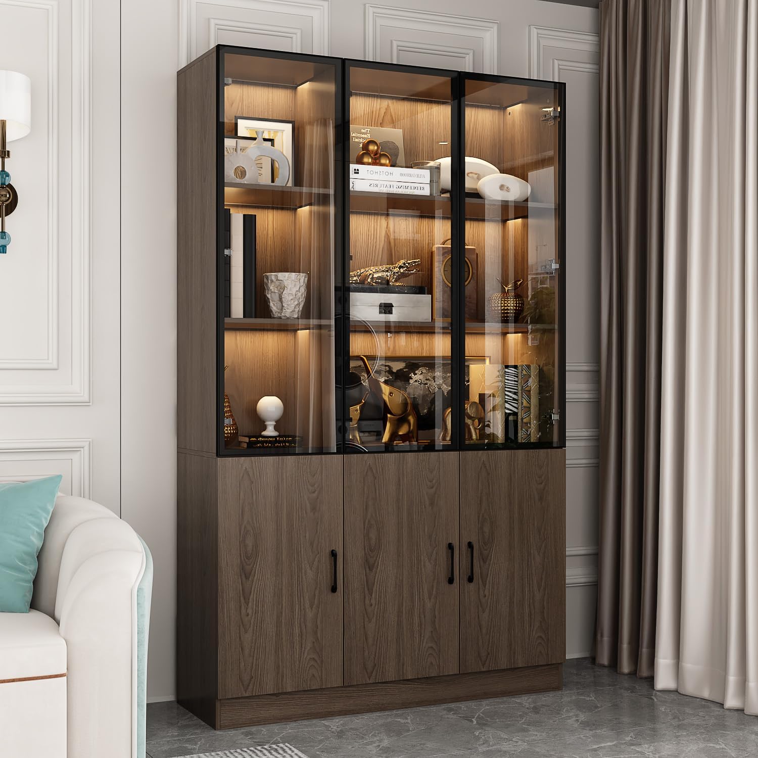 Homsee 47.2”W Storage Display Cabinet Curio Cabinet with Light & Pop-up Glass Doors, Bookcase with 5-Tier Shelves & 6 Doors for Living Room/Home Office, Dark Brown (47.2”W x 15.7”D x 78.7”H)