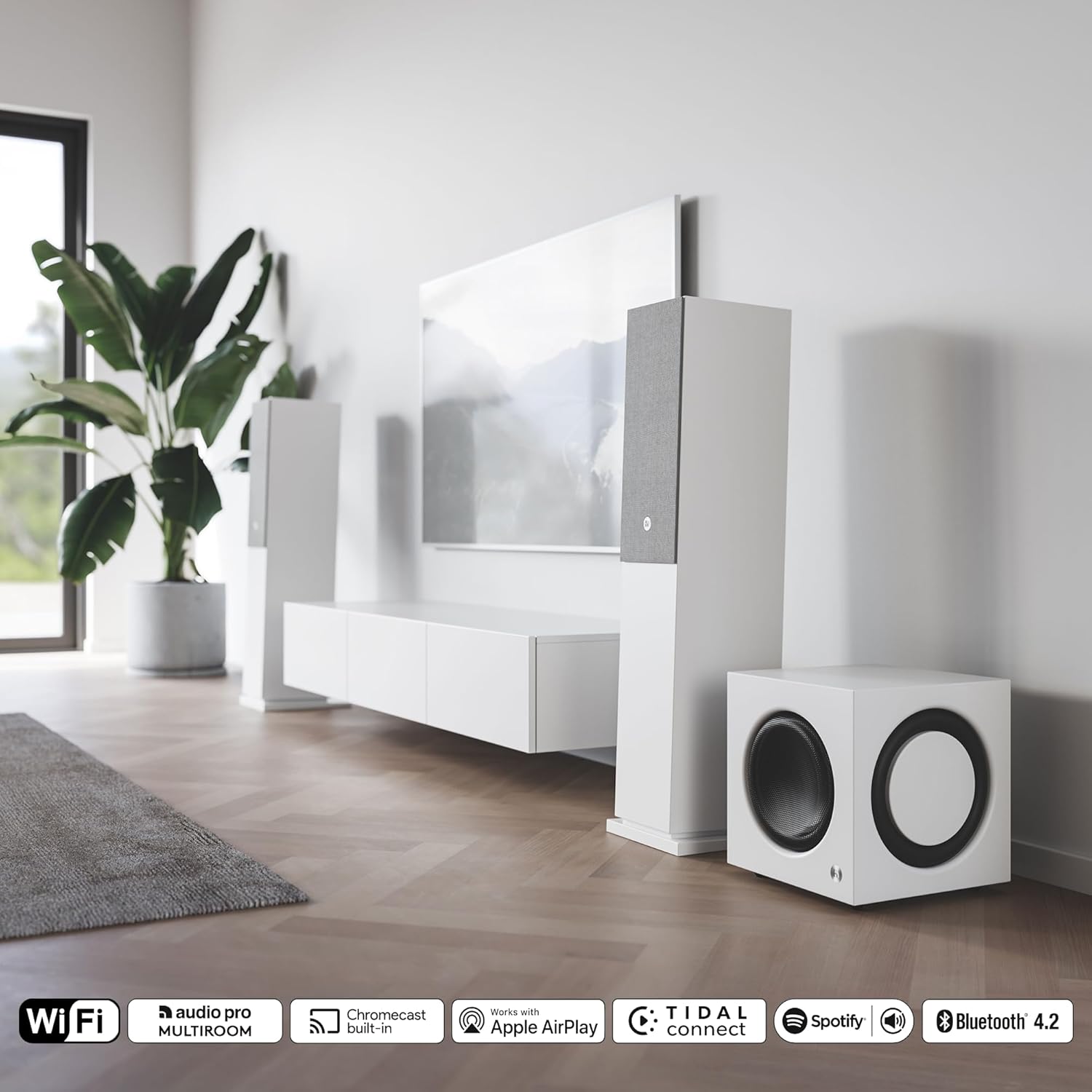 Audio Pro A48 Speakers - Wireless, Premium HiFi Sound, Wireless Surround Sound System for TV, MultiRoom, WiFi - Home Theater, White