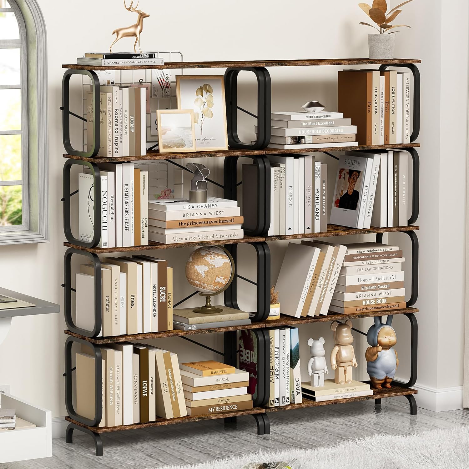 5 Tier Large Book Shelf, Tall Bookcase, Vintage Storage Rack with Open Shelves, Standing Bookshelves with Metal Frame, Storage Organizer for Bedroom, Living Room and Home Office, Rustic Brown