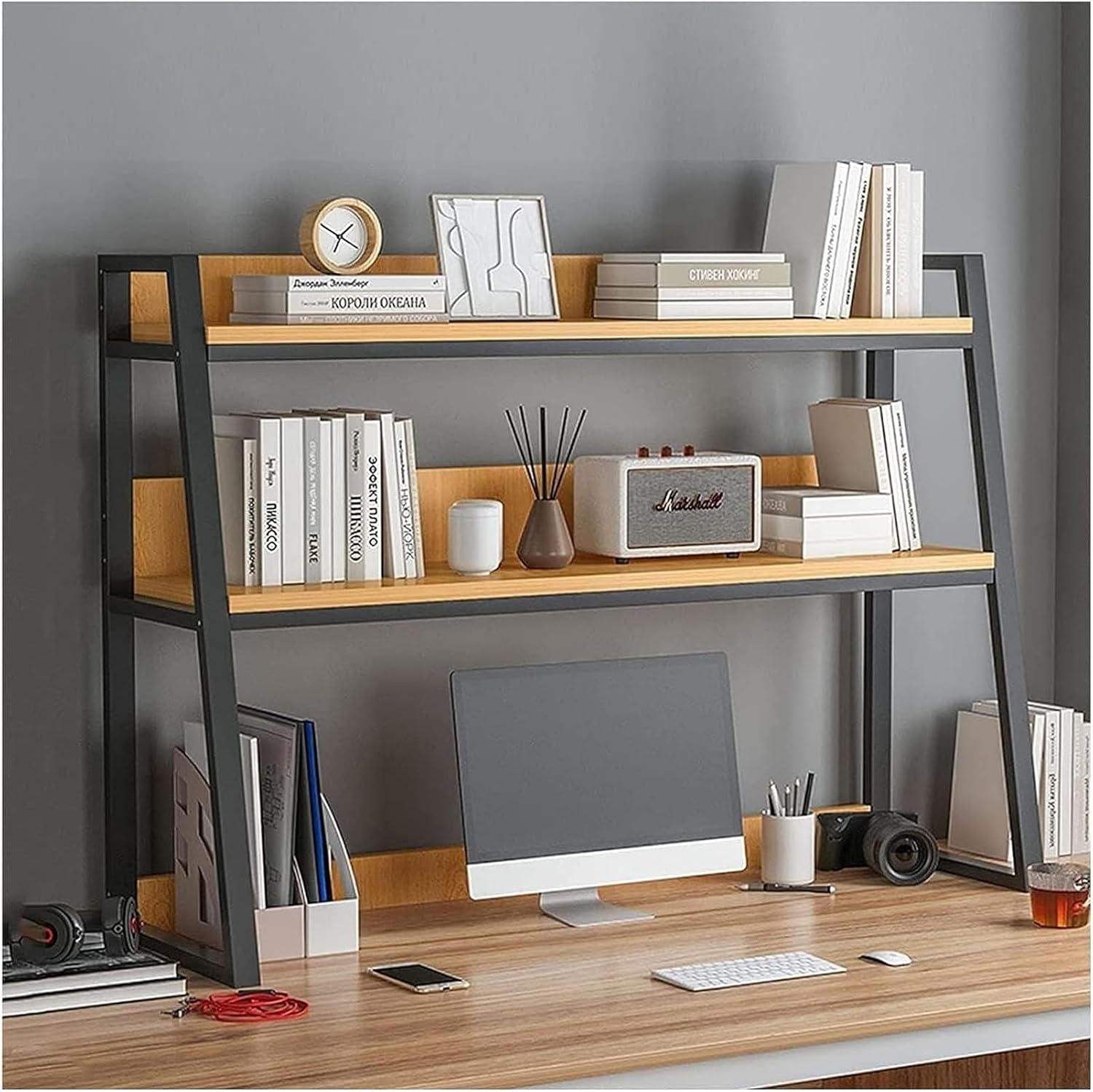 JacCos Wood Desktop Bookshelf 2-Tier Computer Hutch Bookcase Organizer,Multipurpose Countertop Storage Hutch Display Rack for Home Office Furniture (95cm) (115cm)