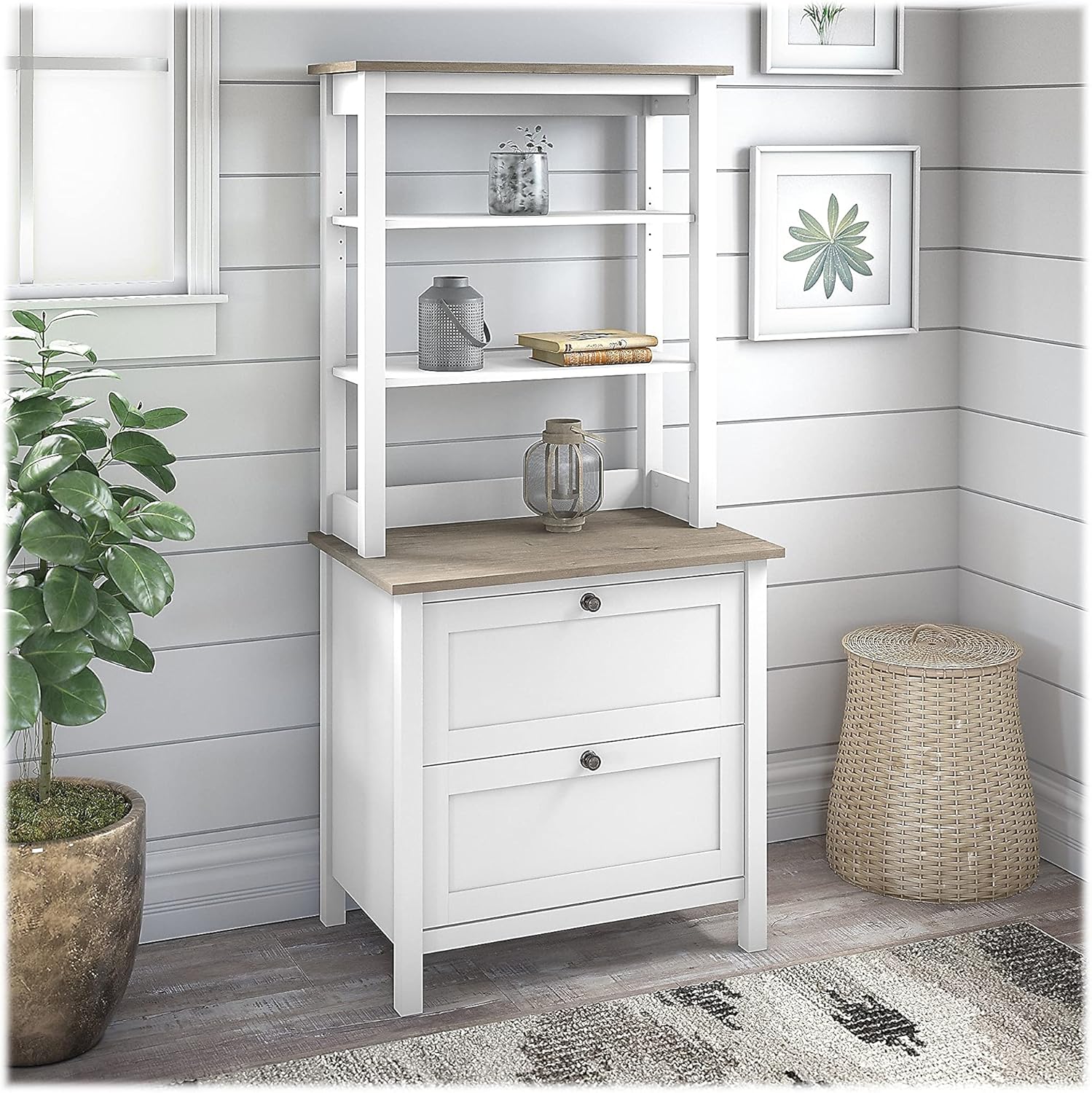 Bush Furniture Mayfield Bookcase with Drawers in Pure White and Shiplap Gray