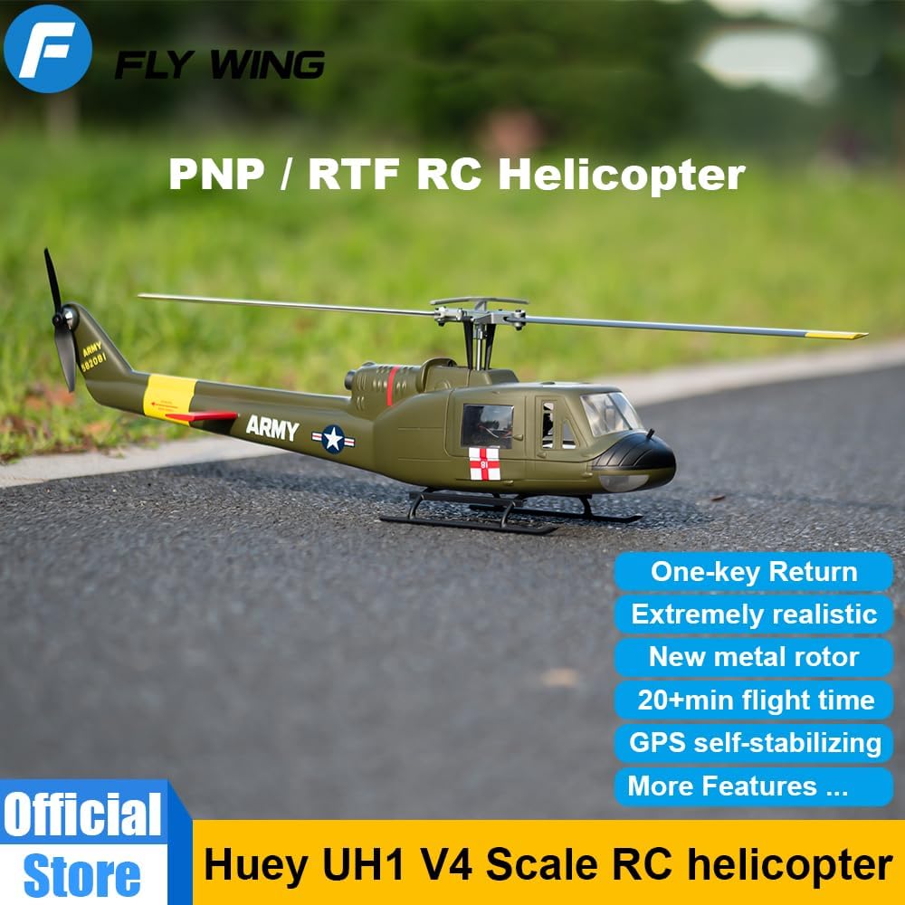 FLYWING UH1 V4 RC Scale Helicopter Two Blade with H1 GPS Metal Rotor 450 6ch RC Helicopters Iroquois 450L UH1 V4 Huey Helicopters RTF-Helicopter (Green)