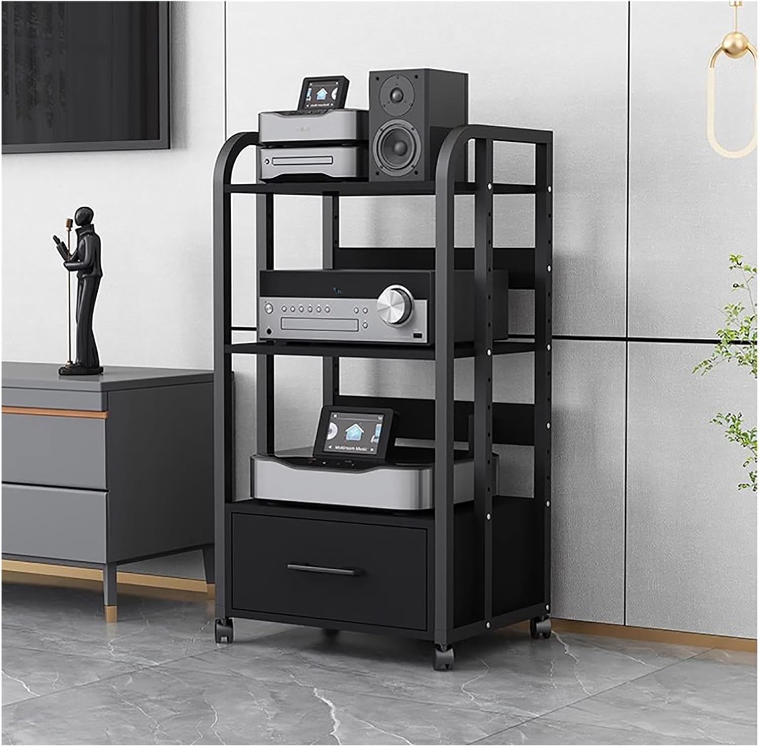 Home Stereo Rack System with Height-Adjustable Shelf & Wheels