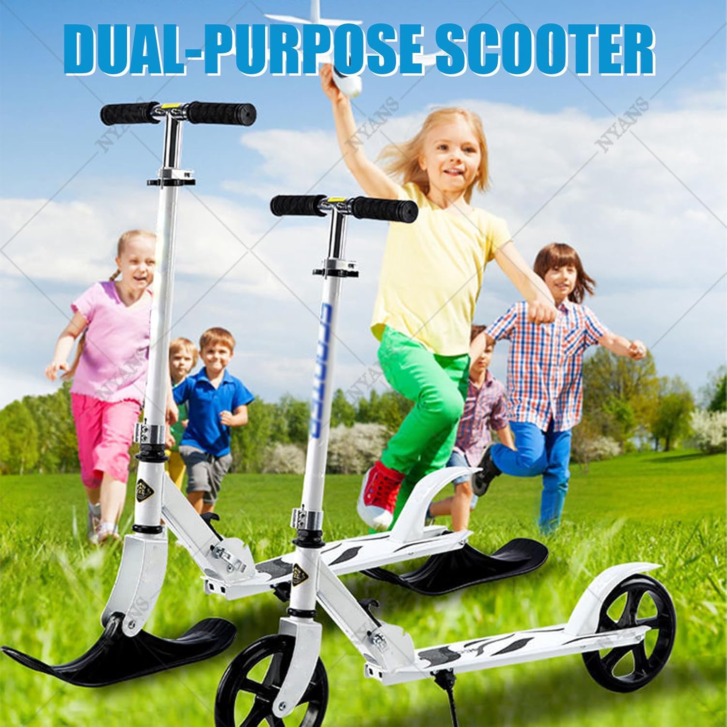 NYANS 2-in-1 Foldable Kick Scooter, with Two Wheels, Adjustable Handlebar, Smooth Ride, Kids Snow Scooter for 3-15 Years Old Boys and Girls Ideal Outdoor Sports