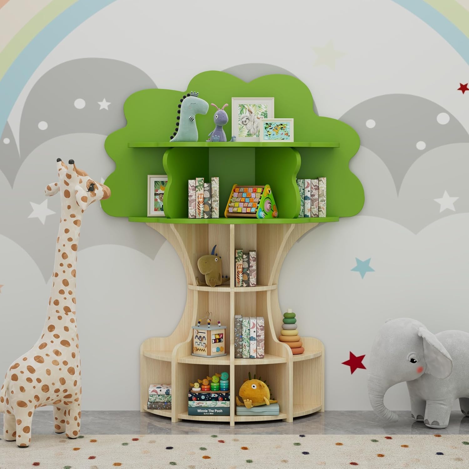 RUPOLX 5-Tier Tree Kids Bookshelf, Toddler Montessori Shelf Book Rack, Toy and Book Storage for Kids, Wooden Children's Bookcase, Toy Storage Organizer for Preschool, Kid Room, Playroom, Nursery-002
