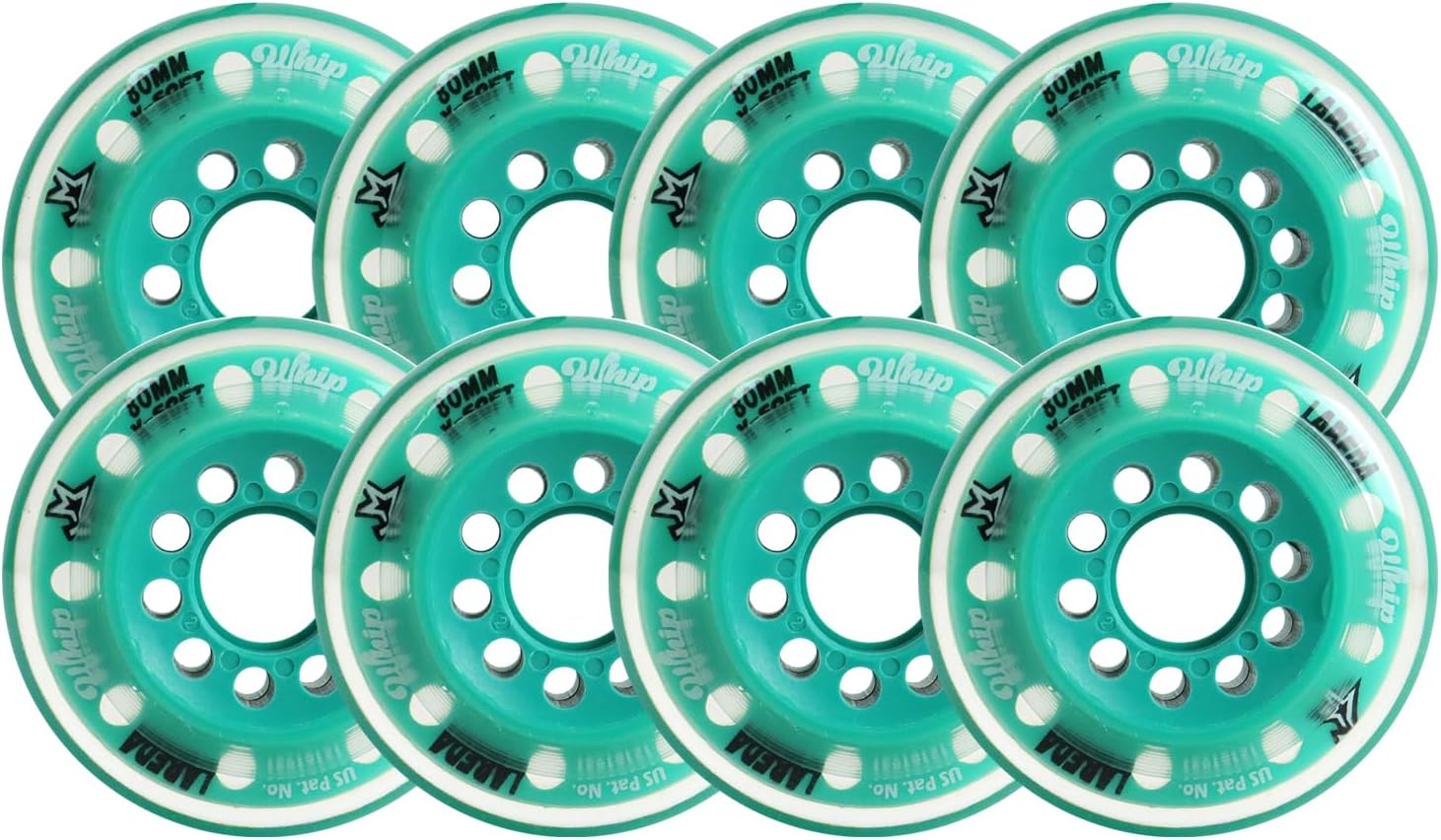 Labeda Whips Roller Hockey Wheels - Teal X-Soft 80mm - 8-Pack with Evo Spacers