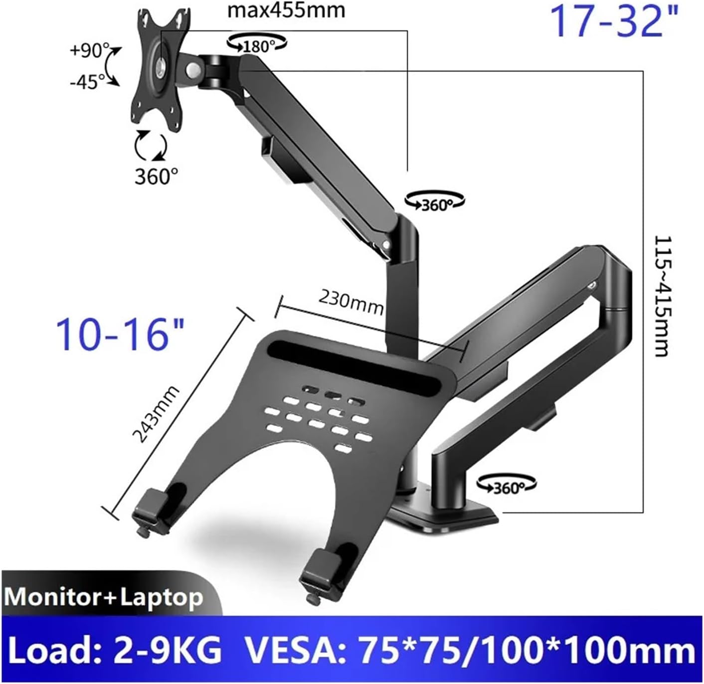 Monitor arm + laptop stand, full-motion stand, suitable for 10-16 inch laptops and 13-32 inch computer LED LCD screens, supports tilt and rotation(Xy360-M22B)