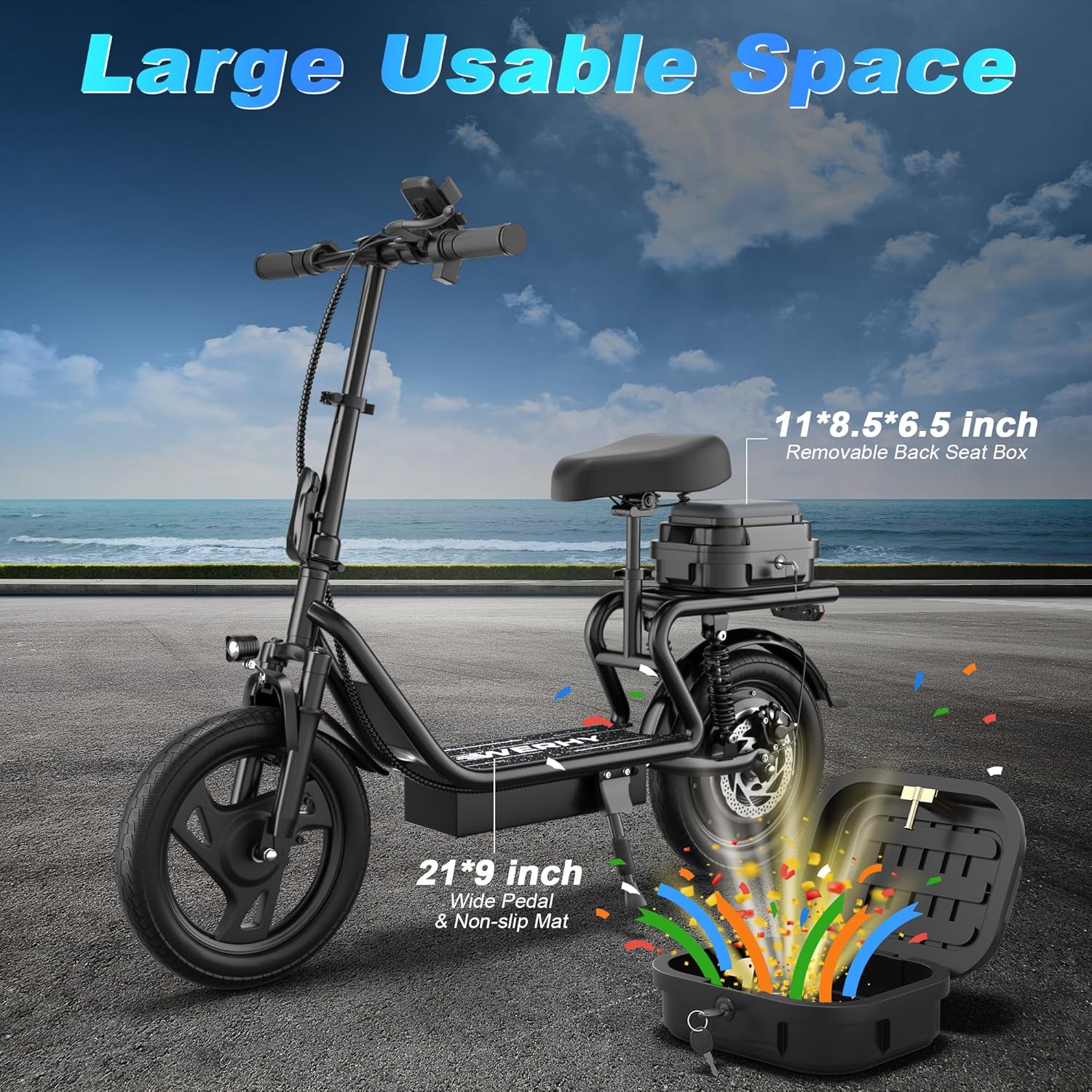 WERHY Electric Scooter,500W Motor, 14'' Tires, Top Speed 22 mph, Max 27/49 Miles Ranges, Foldable E-Scooter with Suspension &Adult with Seat, Digital Display, Cruise Control,Rear Seat Box/Basket