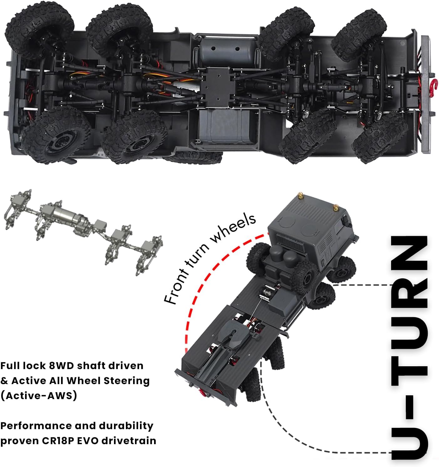 HOBBYPLUS Helidirect 1/18 RC Crawler CR18P Terranaut 8x8 RC Truck Remote Control Car w Full-Lock 8WD RTR Active All-Wheel Steering, 2-Speed Transmission, Recovery Winch, LED Lights (Green)