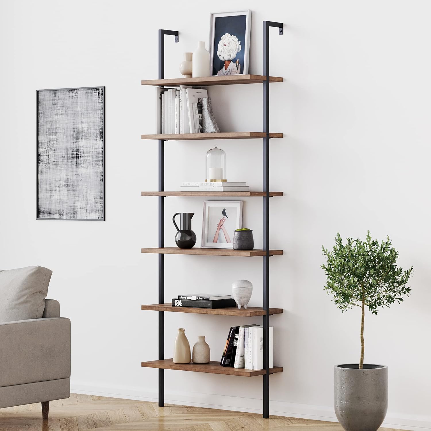 Nathan James Theo 6-Shelf Tall Bookcase, Wall Mount Bookshelf & 74101 Mina Modern TV Stand, Entertainment Cabinet, Media Console