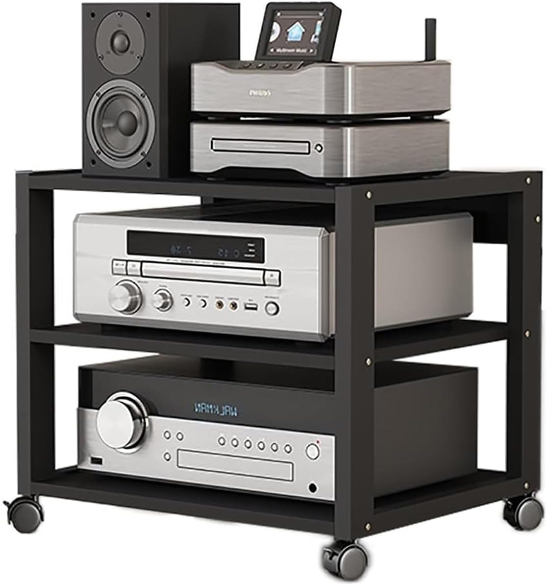 3/4/5-Tier Audio-Video Component Cabinet Media Stand Corner Shelf for Record Player Stereo Cabinet Audio Rack Tower with Height Adjustable Wooden Shelves for Home