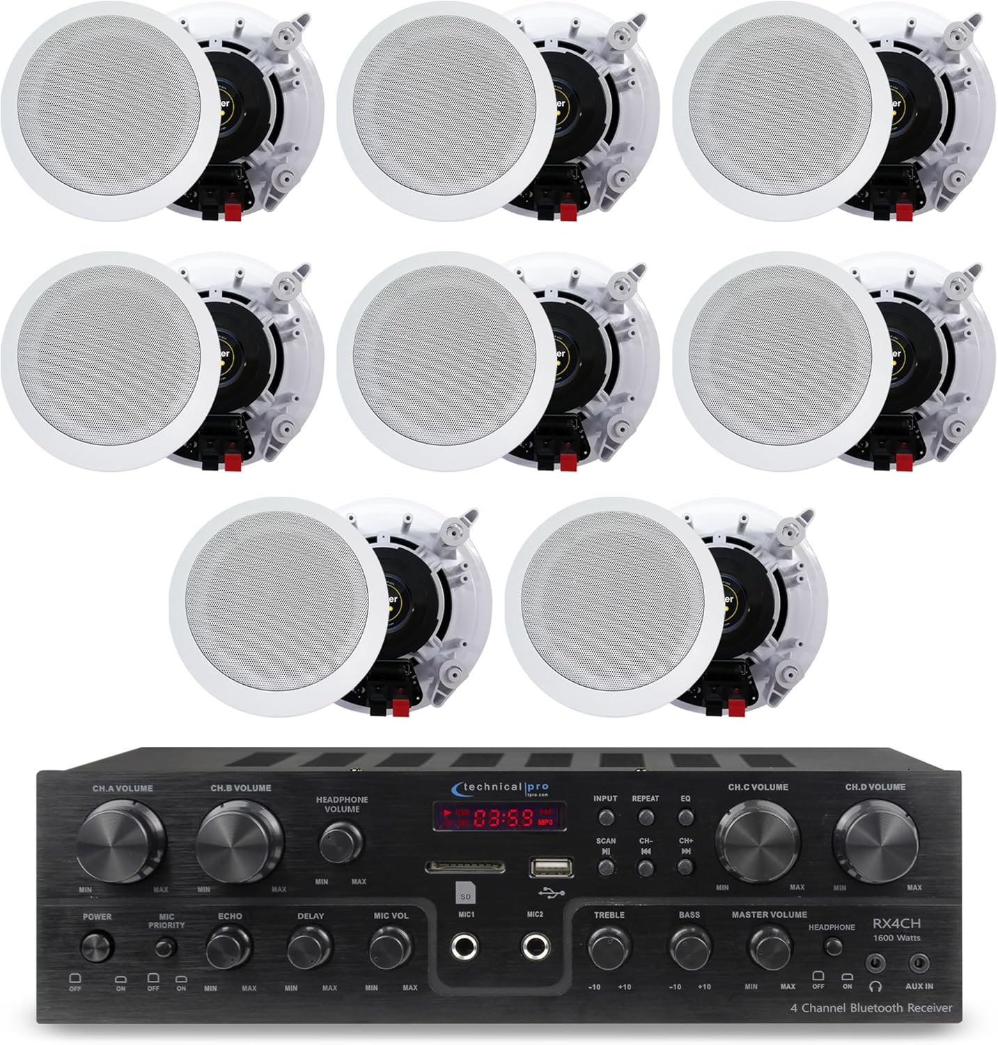 Technical Pro 4 Channel 1600 Watts 8 Speaker Bluetooth Home Theater Receiver System w/ 4 Pairs of 5.25 Ceiling Wall Mount 2-Way Mid Bass Woofer Ceiling Speakers - Home Theater Kit