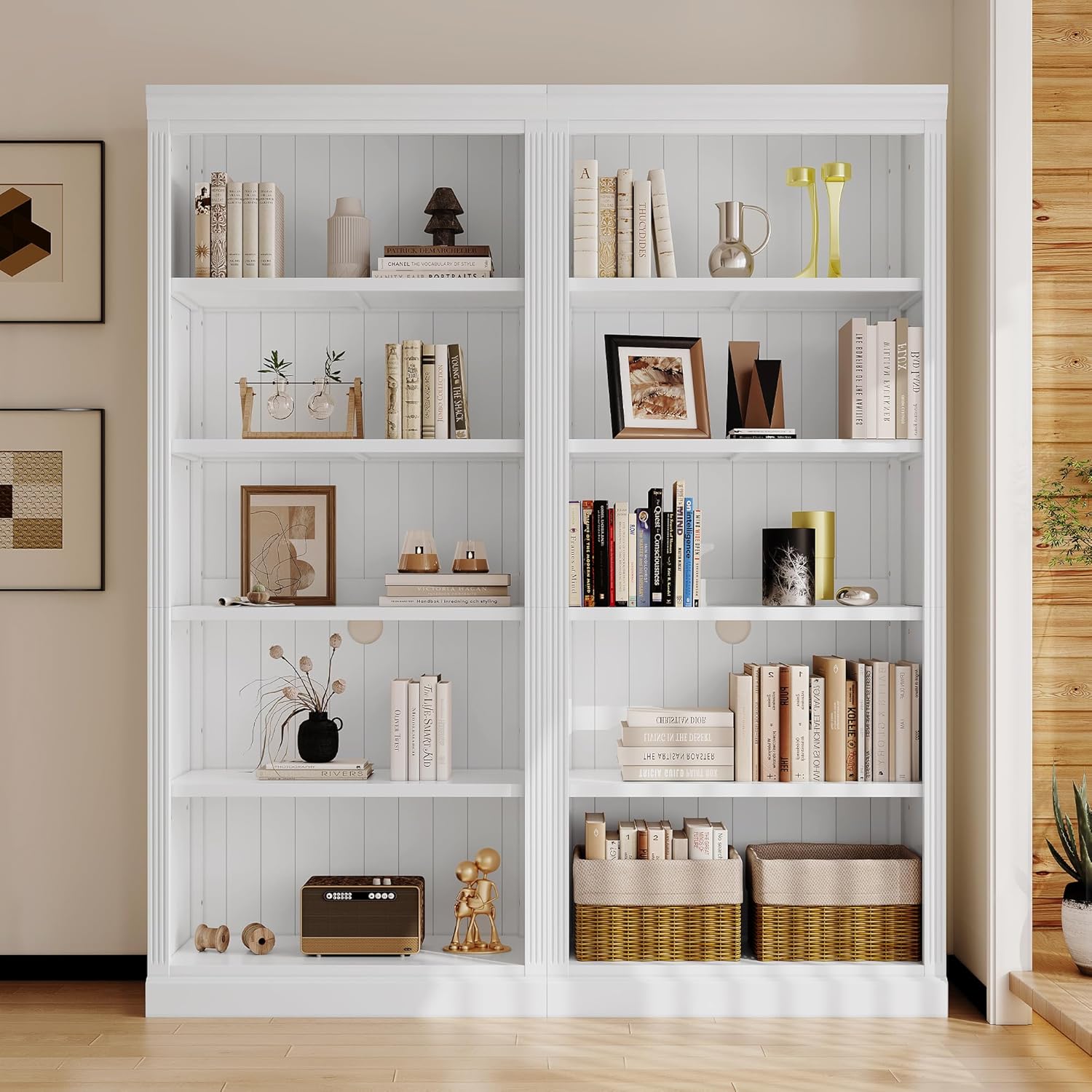 Duxelifin 83.4”Tall Bookshelves Suite with Open Storage Shelves,2-Piece Set Floor Standing Bookcase with Adjustable Shelves and Cable Hole,Open Bookshelf for Home Office, Living Room,Bed Room,White