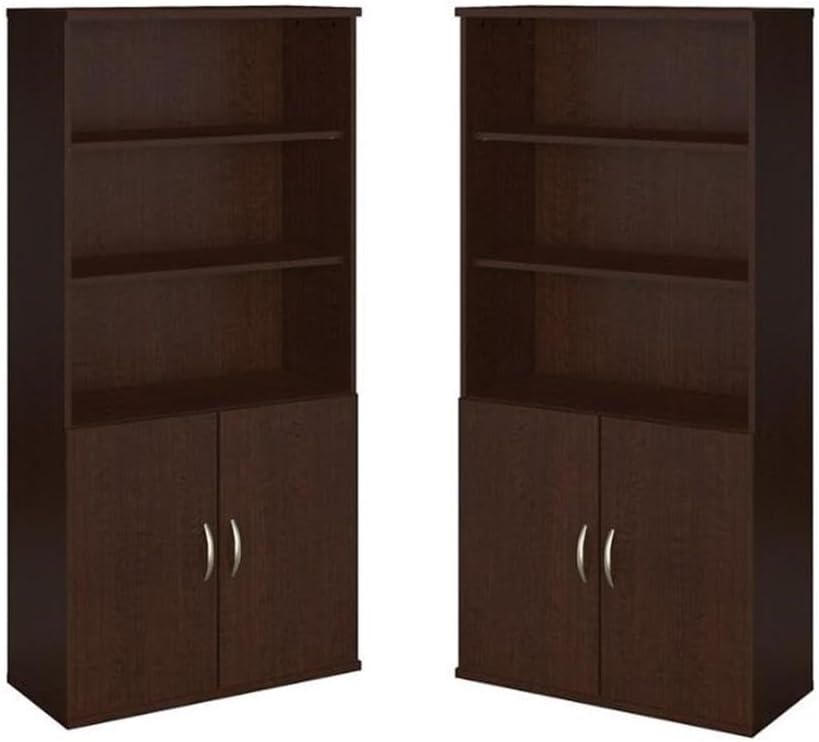 Home Square 5 Shelf Wood Bookcase with Doors Set in Mocha Cherry (Set of 2)