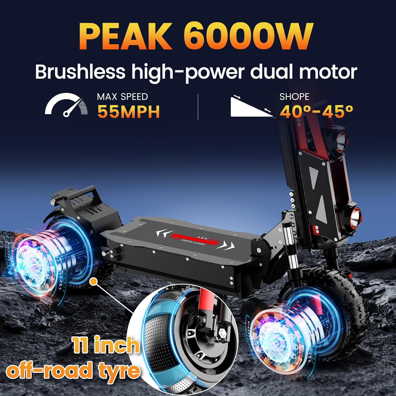 Electric Scooter Adults 60V 6000W Dual Motor Fast Folding Scooter with 3-Speed Variable Top Speed 60 mph Range 55 mph Off-Road 11' Tires with Seat Maximum Load 800 lbs Dual Drive Brakes Commuter Bike