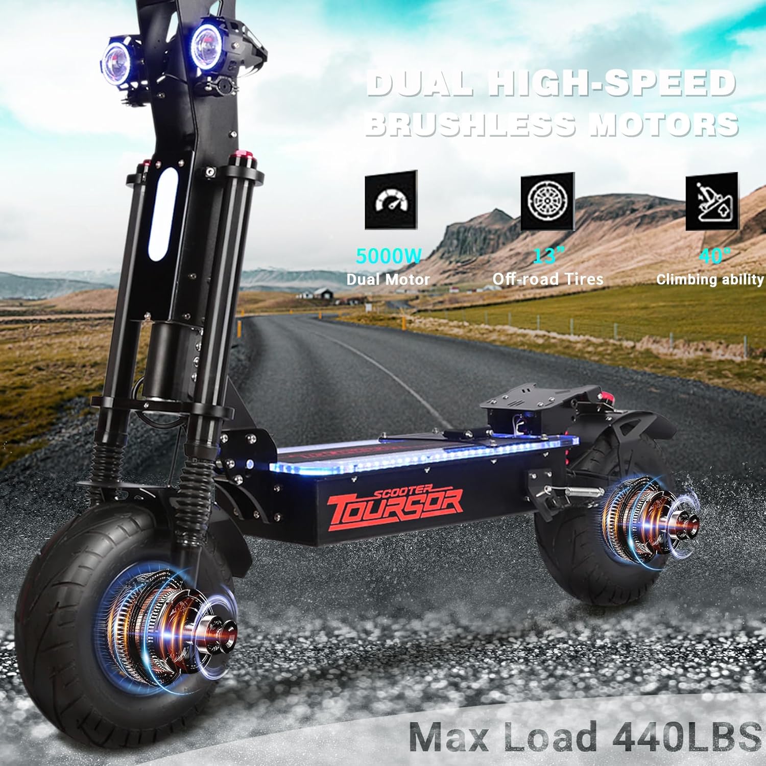 Electric Scooter for Adults, X13-72V Foldable Scooter with Seat, 10KW Dual Motor, 40AH Battery Capacity, 65MPH Max Speed, 75 Miles Long Range, LCD Instrument, Dual Charging Port, 13'' Off-Road Tires