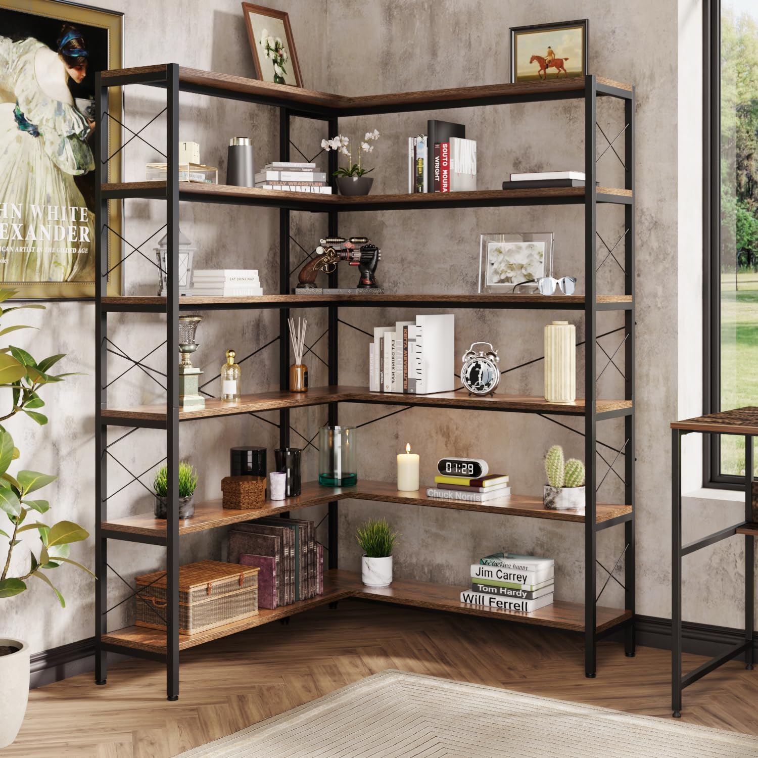 Wildhome 6-Shelf Corner Bookshelf, Vintage Industrial L Shaped Bookshelf Etagere Bookcase, Corner Shelf with Metal Frame Open Storage Rack Corner Book Shelf for Home Office Living Room (Retro Brown)