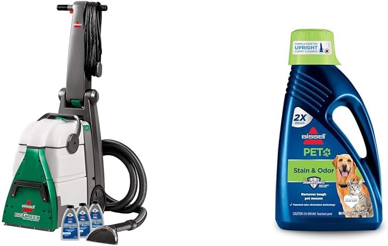 BISSELL® Big Green® Professional Carpet Cleaner with XL DirtLifter PowerBrush, 9-inch Long Reach Hose, 6-inch Tough Stain Tool + Bissell 2X Pet Stain & Odor Full Size Machine Formula, 60 Ounces, 99K5A