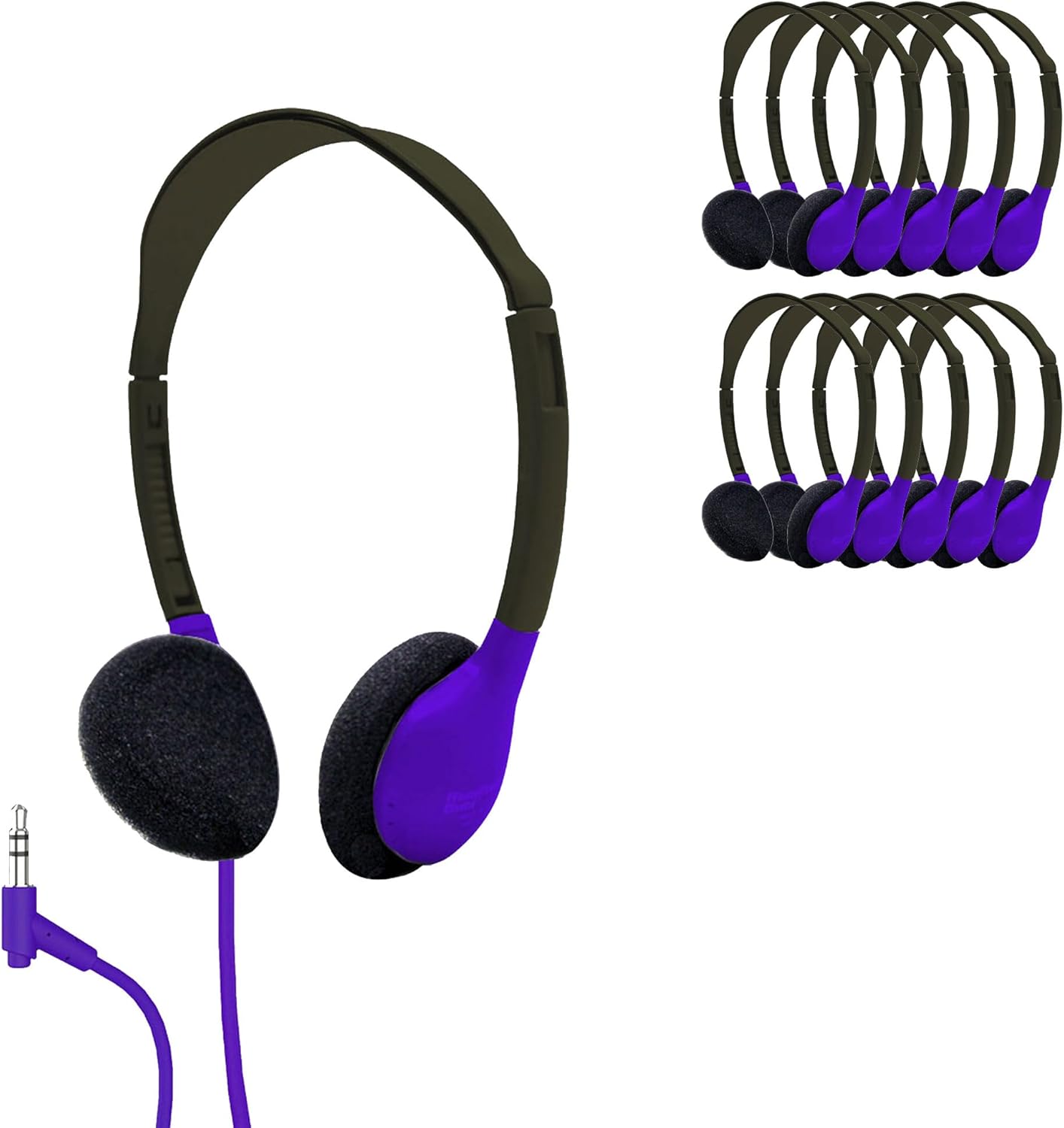 HamiltonBuhl HA2-PPL Personal On-Ear Stereo Headphones 200-Pack – Purple, Replaceable Foam Cushions, Adjustable Headband, 5 ft Chew-Resistant Dura-Cord, 3.5mm Stereo Plug