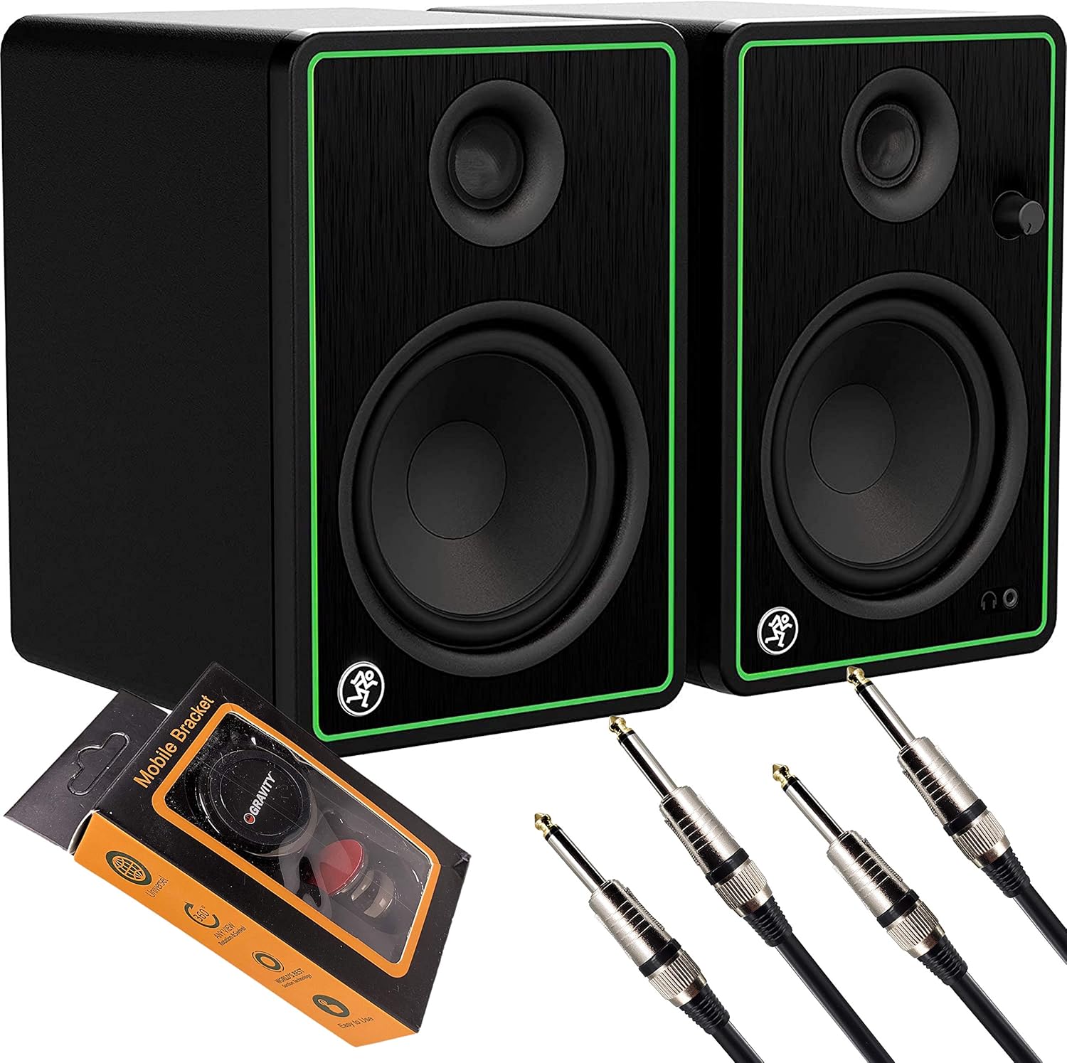Mackie CR Series Studio Monitor (CR5-X) 5 Inches Creative Reference Multimedia Monitors 80 Watt Peak Power with Pair of EMB Cables and Gravity Magnet Phone Holder Bundle