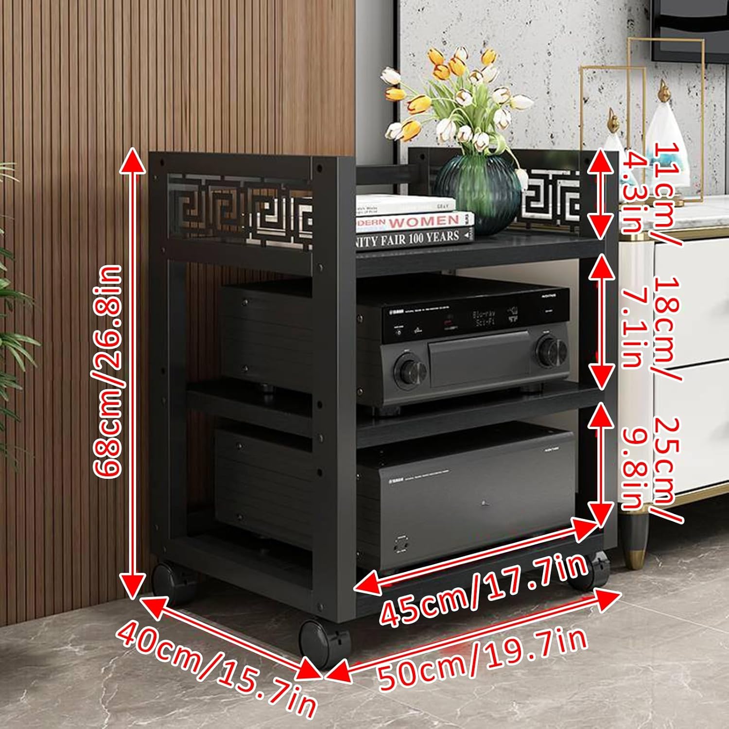 3/4/5 Tier Floor-Standing Audio Rack Wooden Floating Entertainment Center Shelves High Amplifier Rack Shelf/Audio-video Shelving Audio Rack Tower for Living Gaming Recording Room(Teak