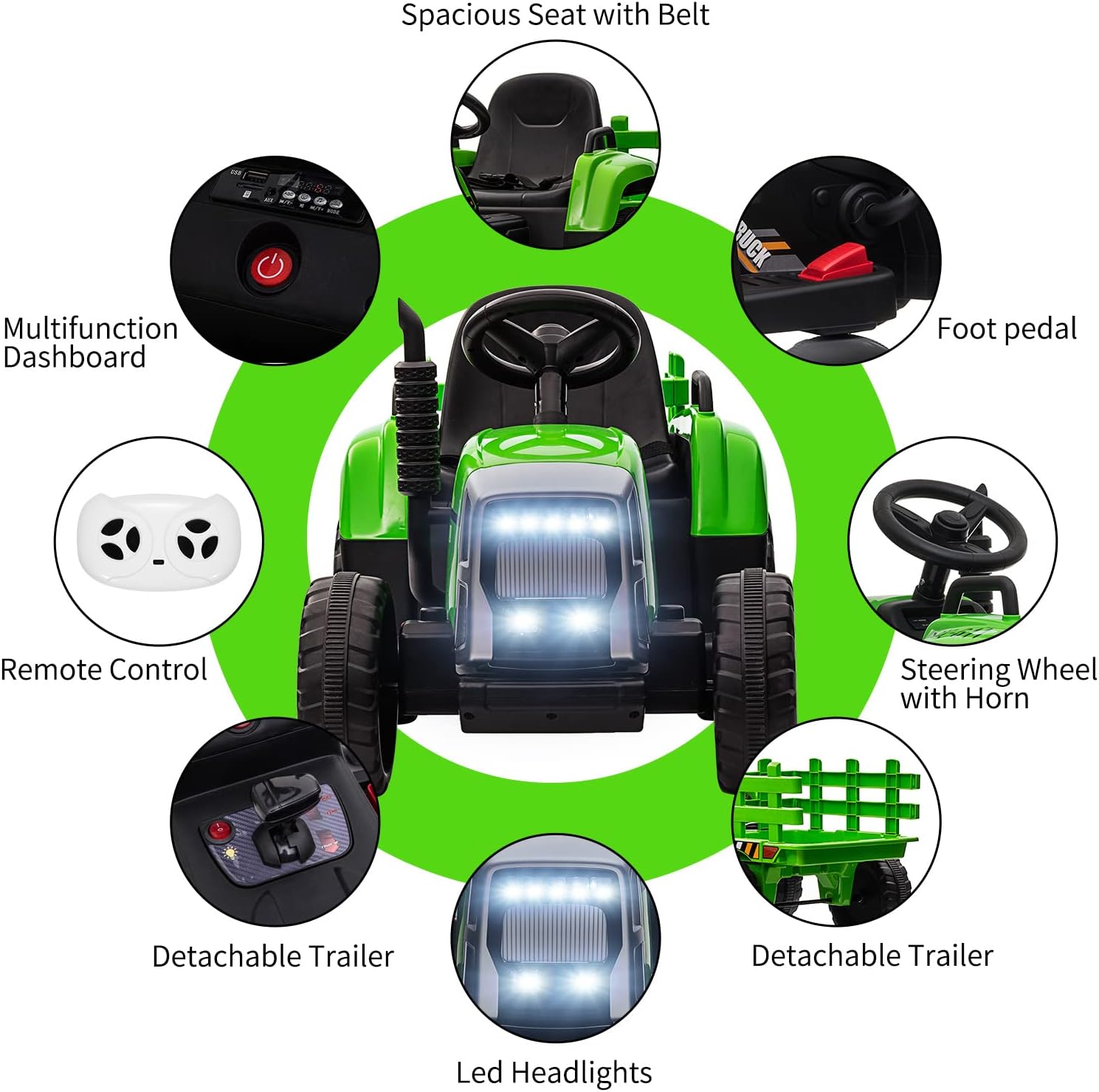 12V Kids Ride On Car with Trailer Battery Powered Electric Tractor Toy with Remote Control, LED Lights, 2+1 Gear Shift, Music, Green