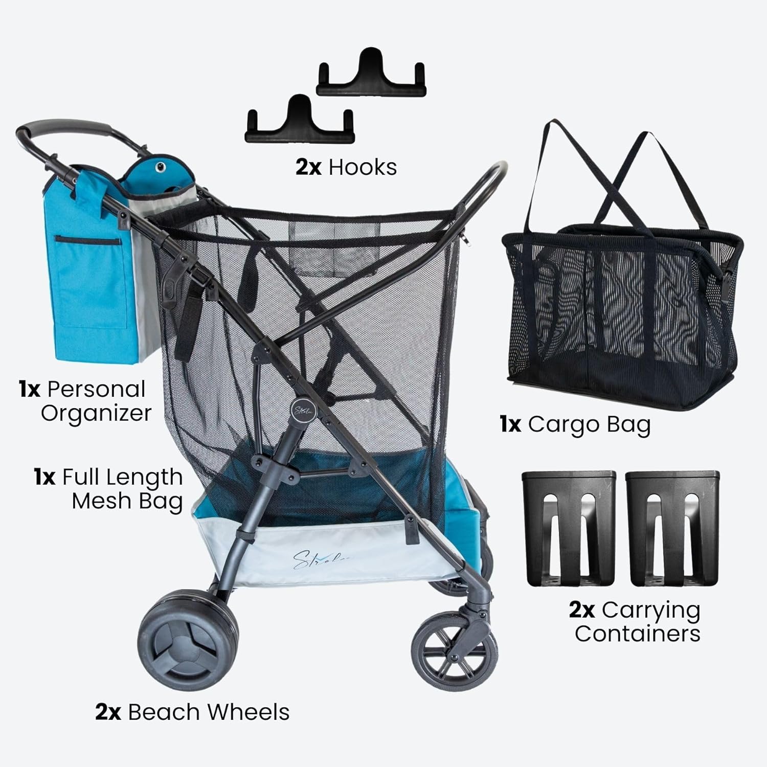 Strolee Large Wheeled Collapsible Beach Cart for Soft Sand, Shopping, Camping & Garden- Lightweight Aluminum Frame- Removable Storage Bag with Carrying Straps, X-L Capacity & Cooler Rack (Blue)