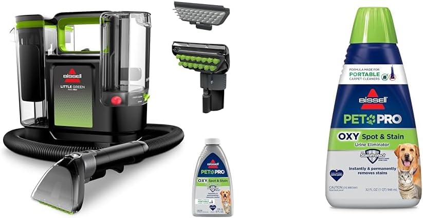 BISSELL® Little Green® Max Pet SmartMix Portable Carpet and Upholstery Deep Cleaner + BISSELL® PET PRO OXY Spot & Stain Formula for Portable Carpet Cleaners, 32 oz.