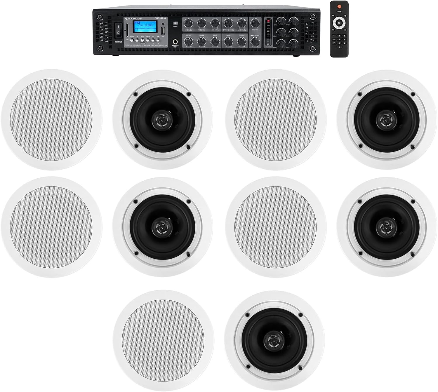 Rockville RCS180-6 Bundle: 180-Watt 6-Zone 70V Commercial/Restaurant Amplifier with Bluetooth