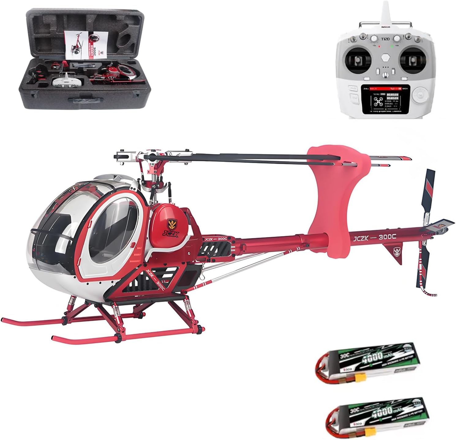RC Helicopter Model, 2.4G 3-Rotor Flybarless RC Plane with 2 Battery LED Lights & Openable Cockpit Gyro Optical Flow Altitude GPS Positioning Hold for Adults(Red,Right-Hand Throttle)