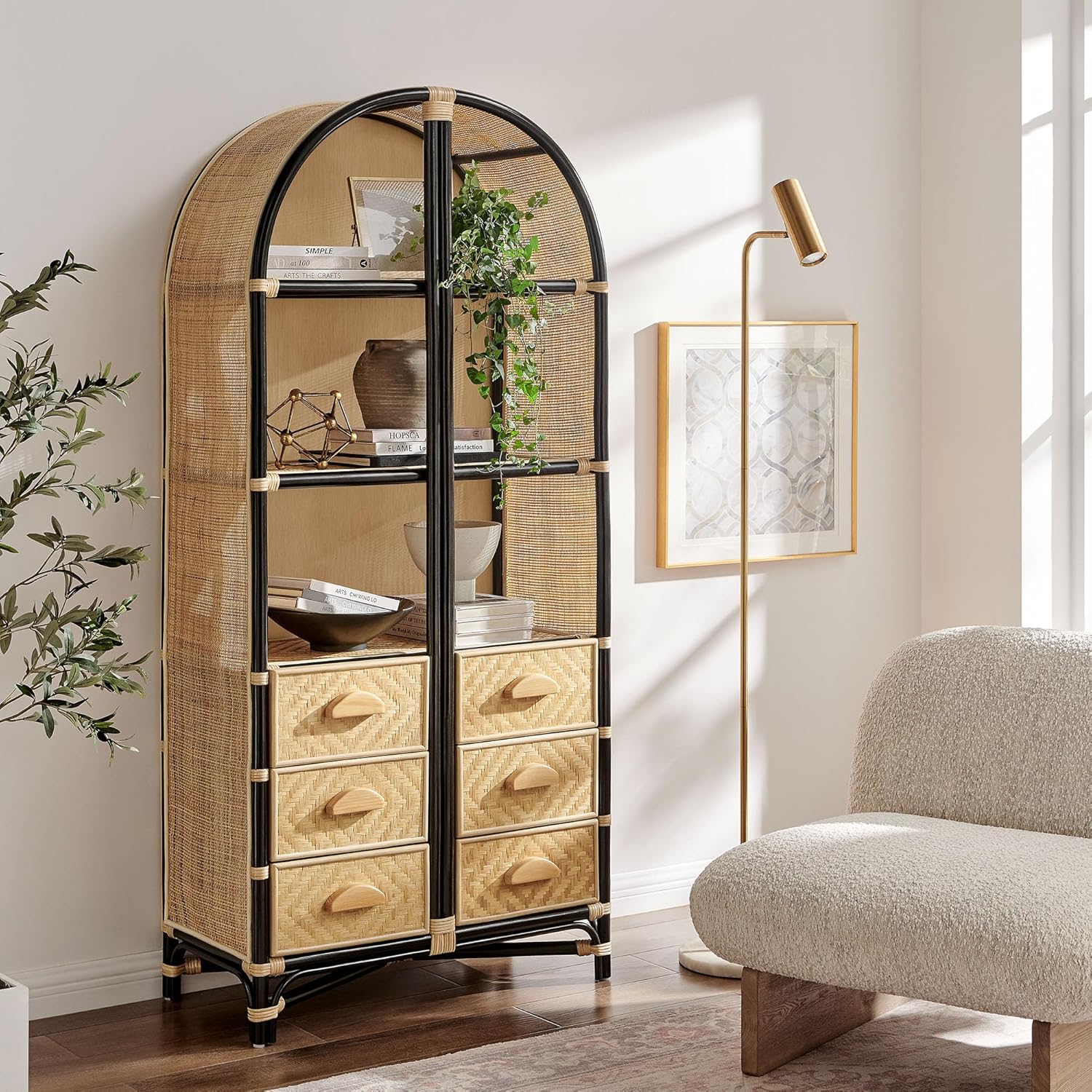 Modway Tall Arched 71 Inch Wood and Natural Rattan Bookcase with Storage in Natural Black – Tall Bookshelf Cabinet with 6 Drawers and 3 Open Shelves, for Living Room or Bathroom