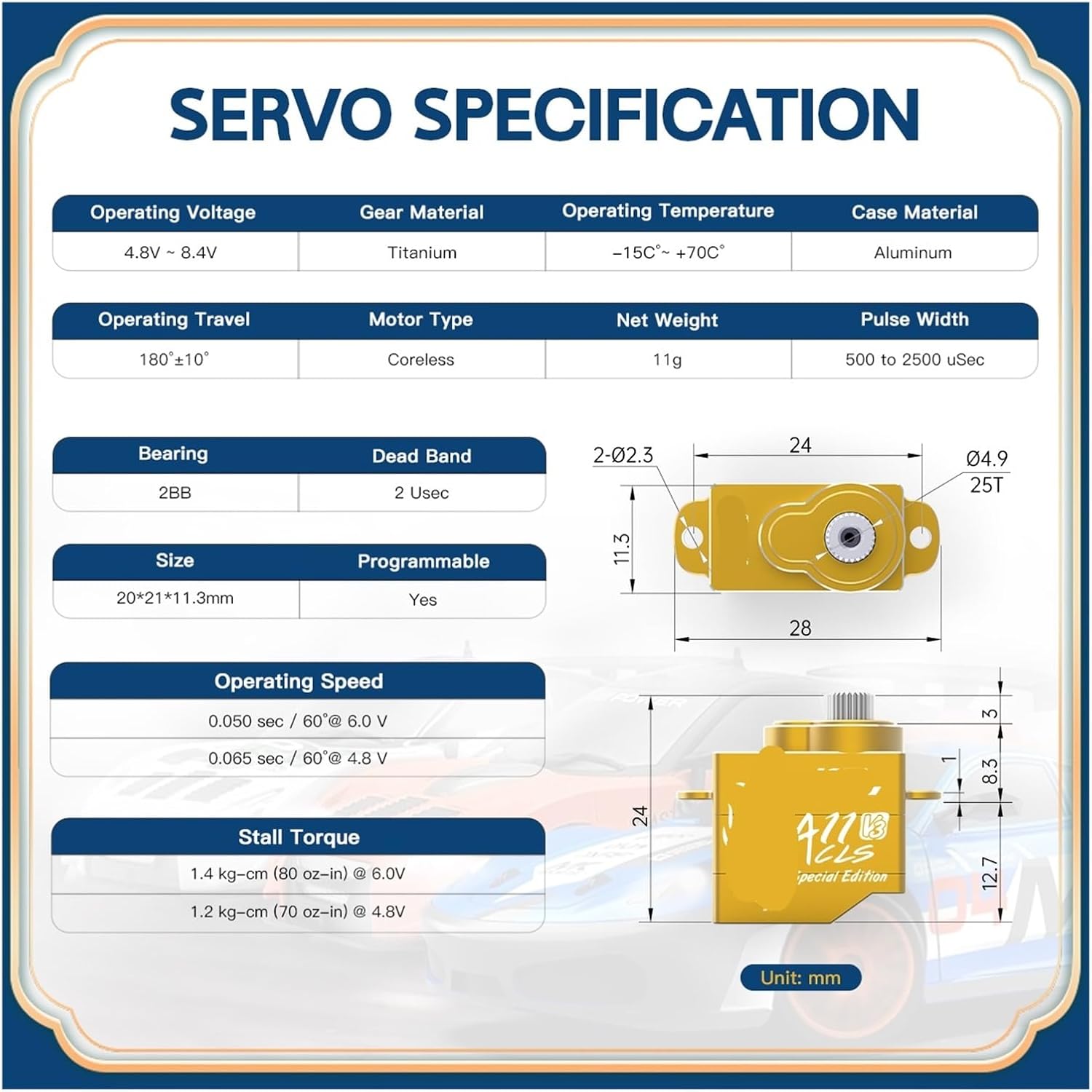 A11CLS V3 Programmable Ultra High Speed ​​1.4KG Coreless Servo Gyro V3.5 Kit for 1/24 1/18 Mini(JST Set 2)