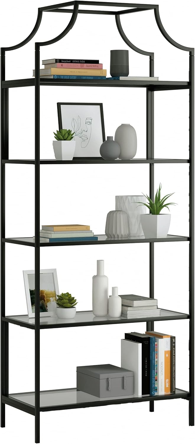 WZONICE98 5-Tier Black Wooden Bookshelf, Modern Open Bookcase with 5 Spacious Tempered Glass Shelves, Mid-Century Multi-Tiered Display Shelf for Living Room Library Bedroom Office Black