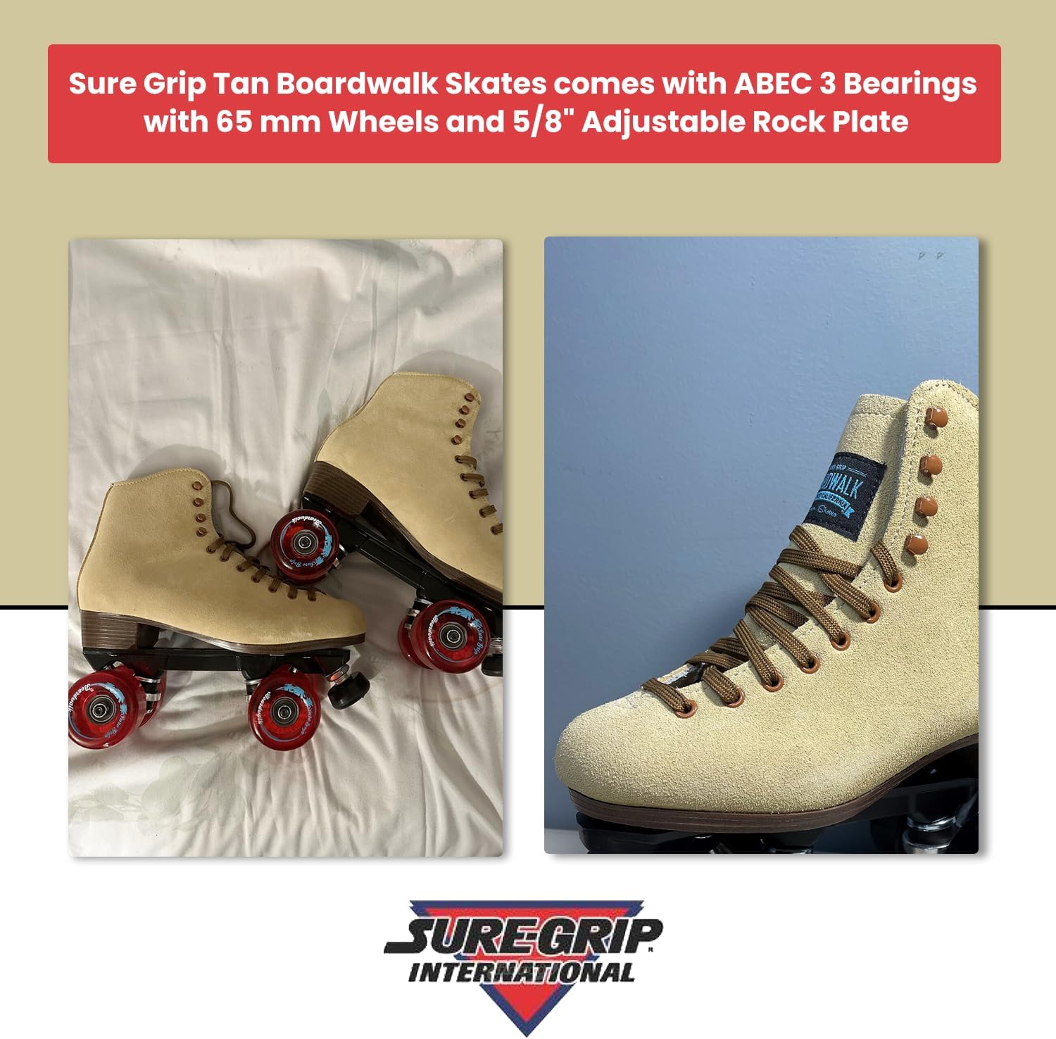 Sure Grip Tan Boardwalk Outdoor Roller Skates for Men & Women | Made in USA and Imported | 65mm Wheels with Nylon Sole Material - ABEC 3 Bearings with 5/8